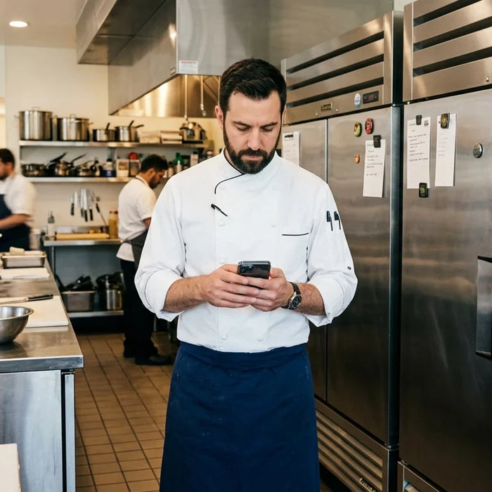 Chef in kitchen looking Atosa refrigerator and freezer operating instruction on his cellphone.