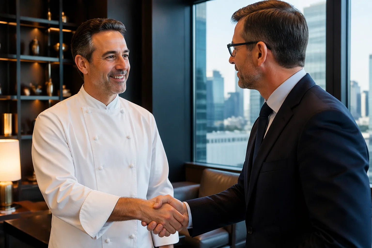 A chef in a crisp, professional white Michelin-star coat is firmly shaking hands with a sophisticated banker in a tailored navy suit.
