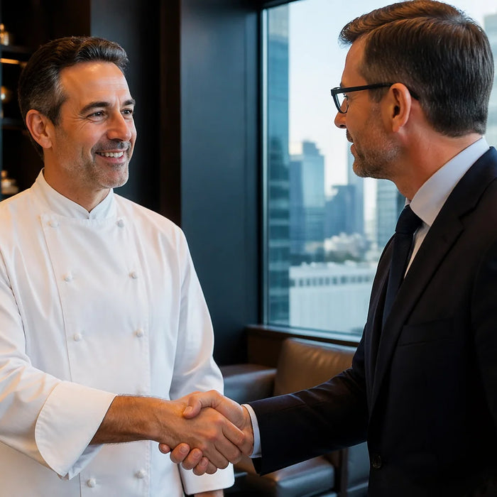 A chef in a crisp, professional white Michelin-star coat is firmly shaking hands with a sophisticated banker in a tailored navy suit.