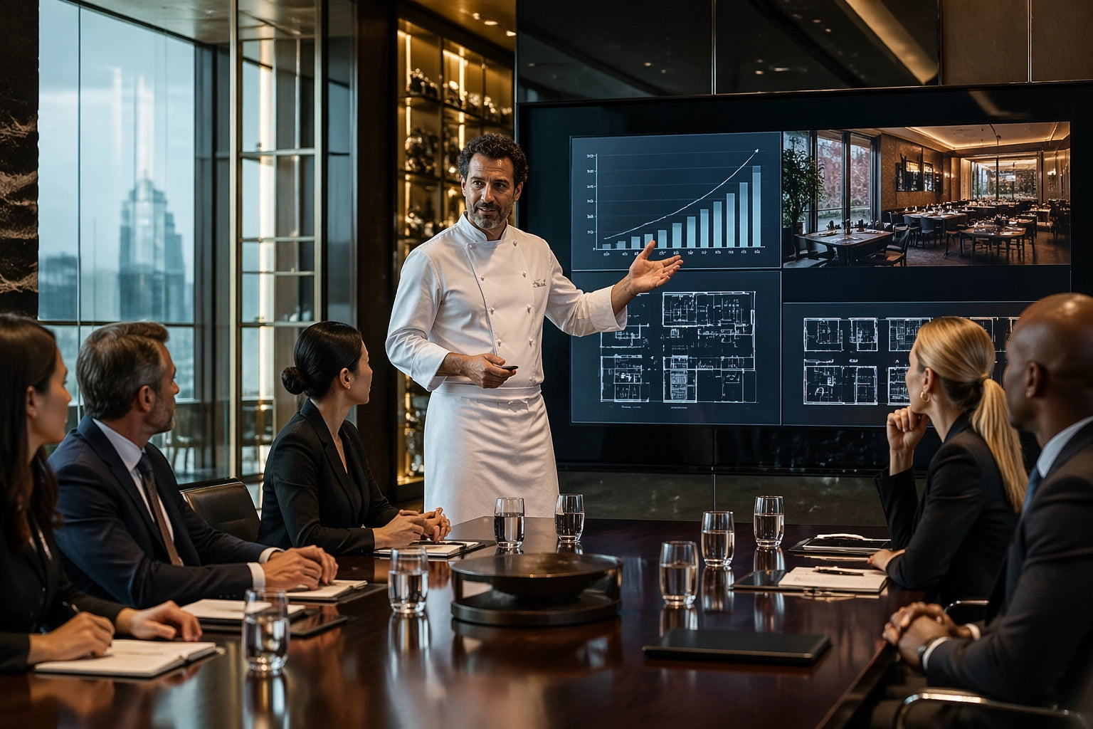 Michelin-star chef in a crisp, clean white chef's coat standing in a modern, luxury glass-walled boardroom.