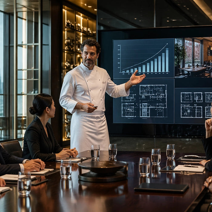 Michelin-star chef in a crisp, clean white chef's coat standing in a modern, luxury glass-walled boardroom.