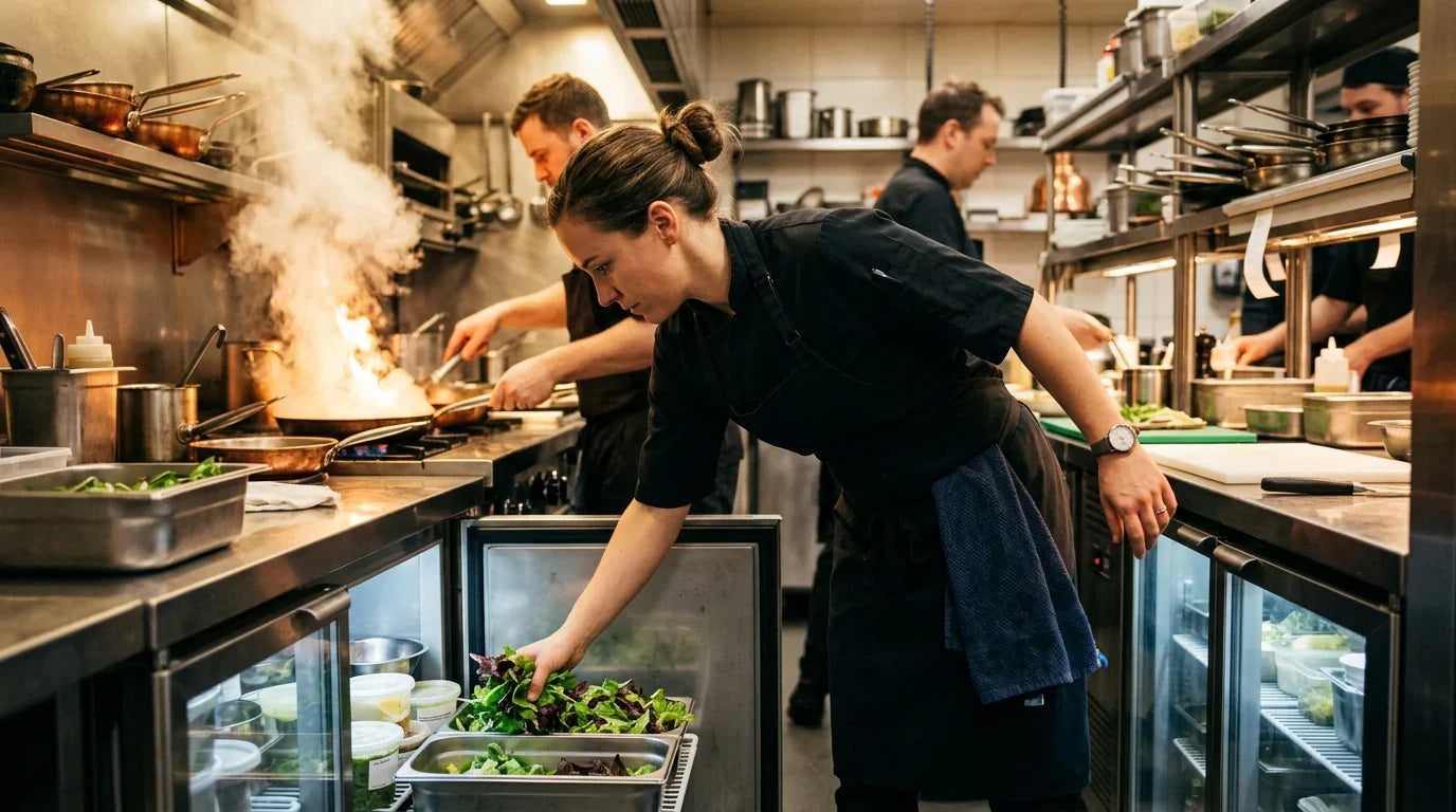 A professional chef in a bustling commercial kitchen reaching into a stainless steel undercounter refrigerator