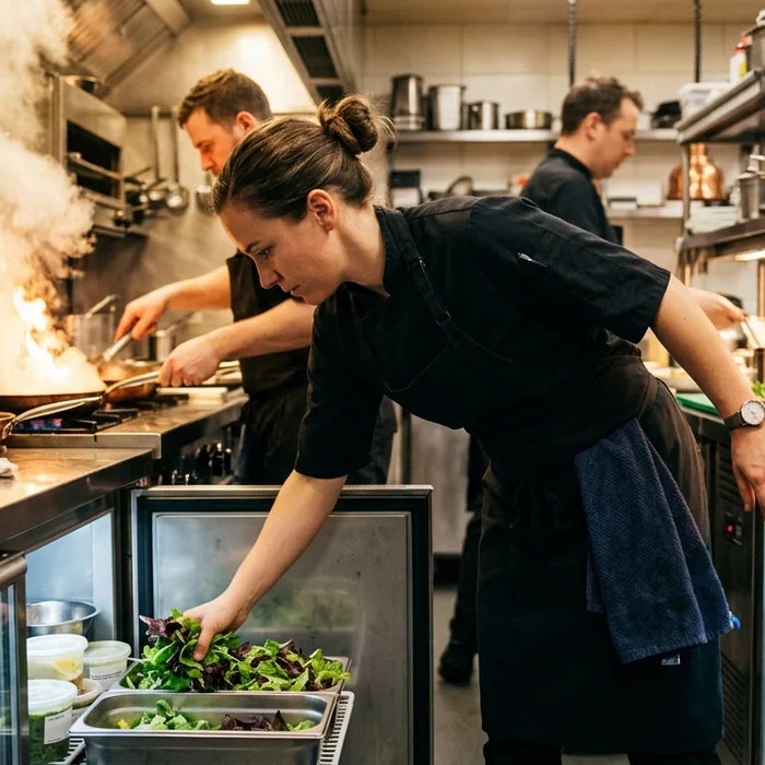 A professional chef in a bustling commercial kitchen reaching into a stainless steel undercounter refrigerator