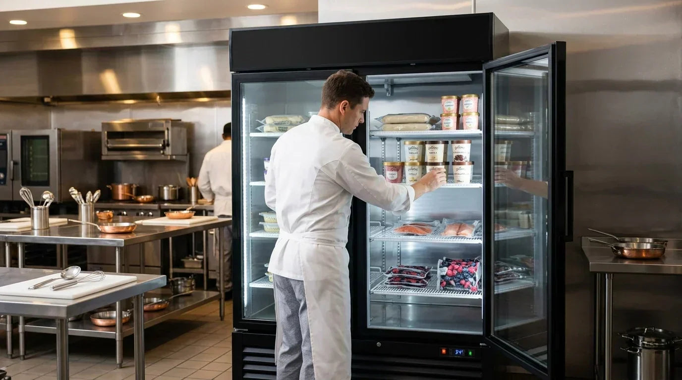  chef in a professional commercial kitchen using a glass door merchandiser freezer