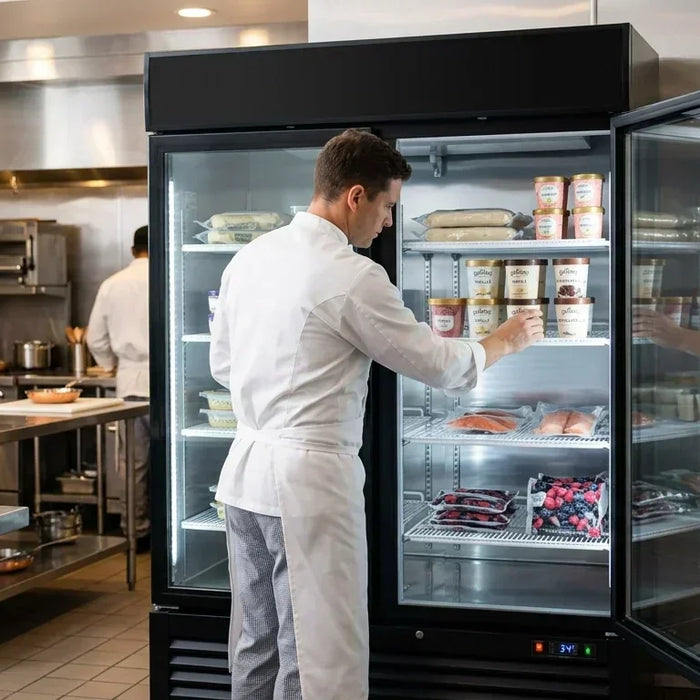  chef in a professional commercial kitchen using a glass door merchandiser freezer