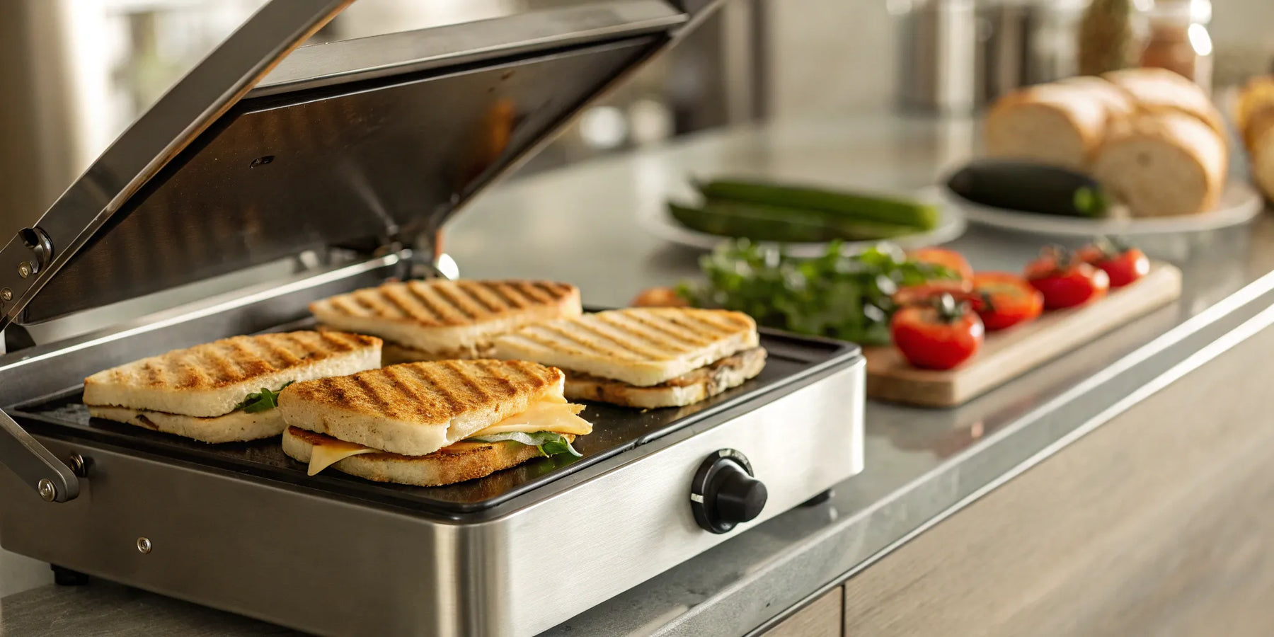 Commercial panini grill with grooved plates.