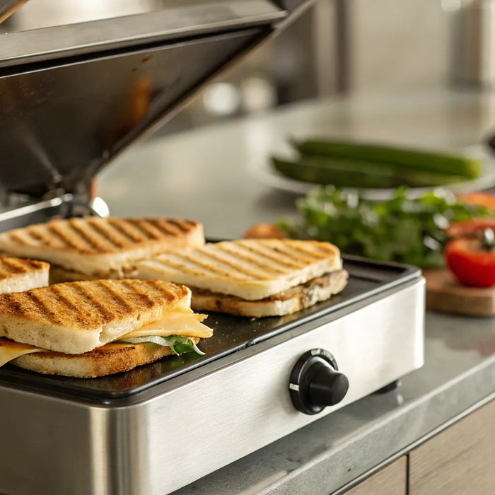 Commercial panini grill with grooved plates.