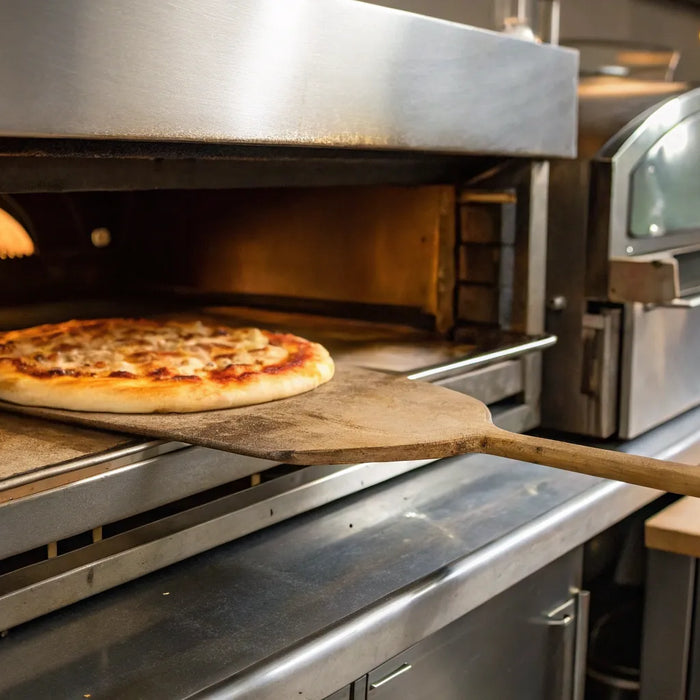 A large pizza oven for restaurants baking a fresh pizza.
