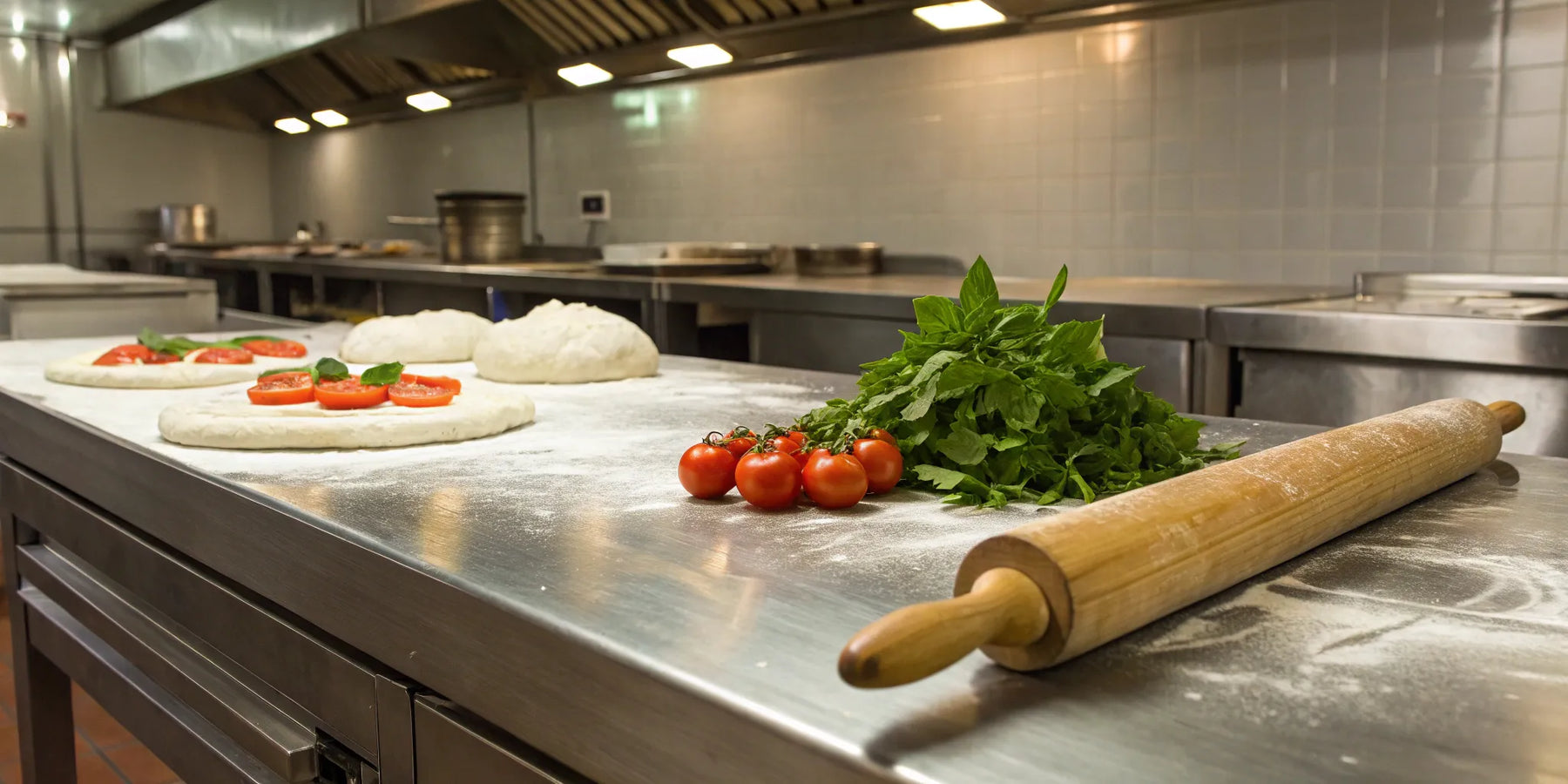 A commercial pizza prep table with organized containers of fresh pizza ingredients.
