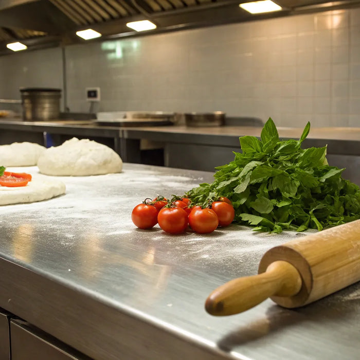 A commercial pizza prep table with organized containers of fresh pizza ingredients.