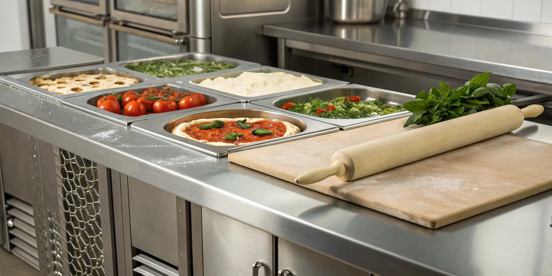 A commercial pizza prep table with refrigerated ingredient bins and a workspace for assembly.