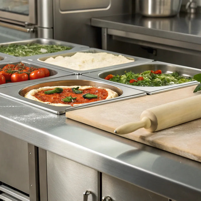 A commercial pizza prep table with refrigerated ingredient bins and a workspace for assembly.