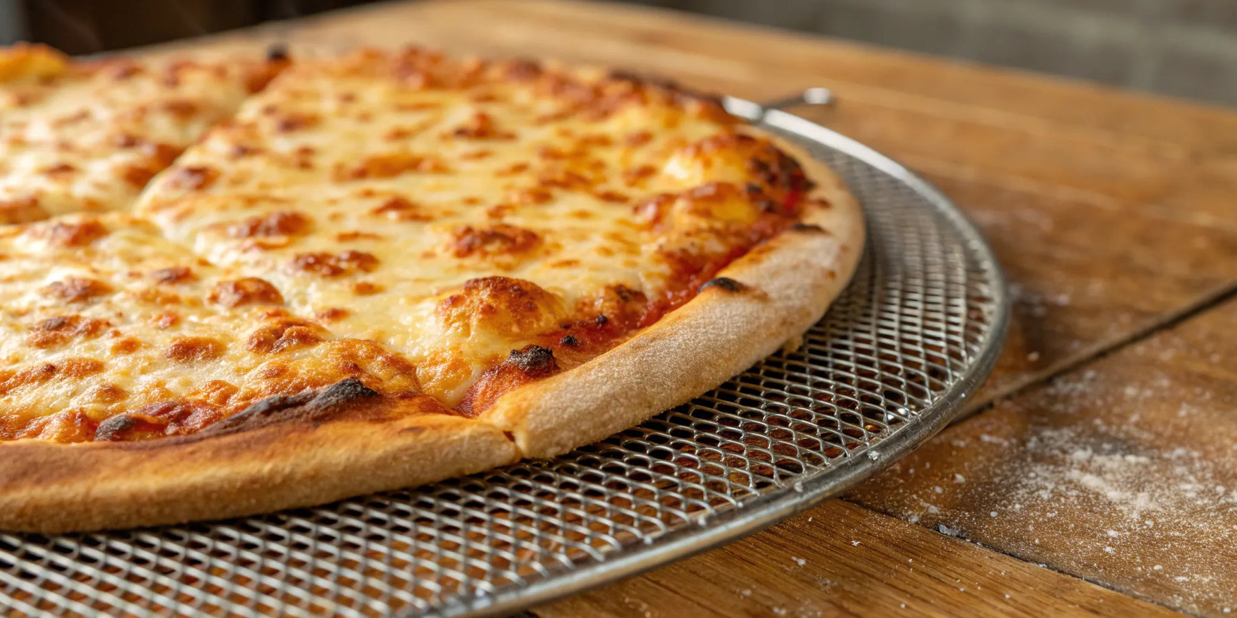 Crispy pizza baking on a metal screen.