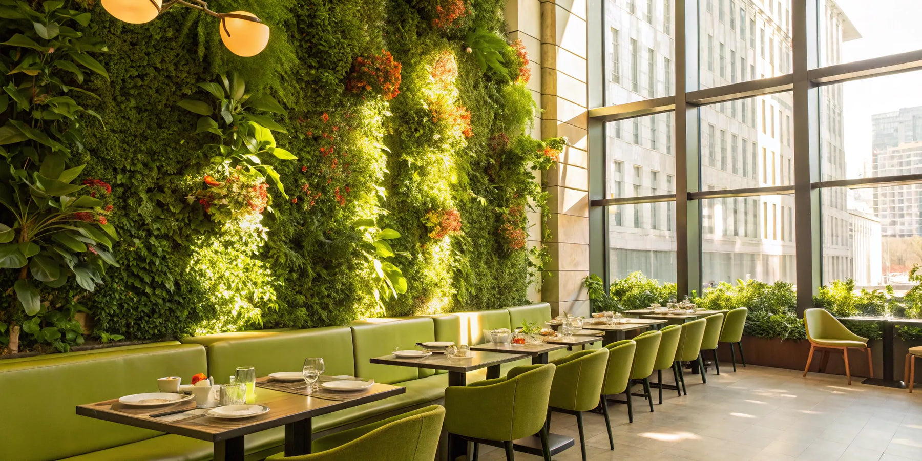Vegan restaurant with green wall and modern seating.