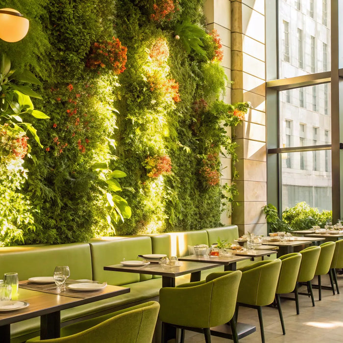 Vegan restaurant with green wall and modern seating.