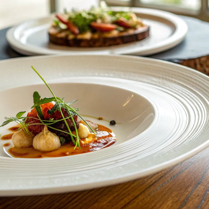 A prepared dish served on a ceramic dinner plate.
