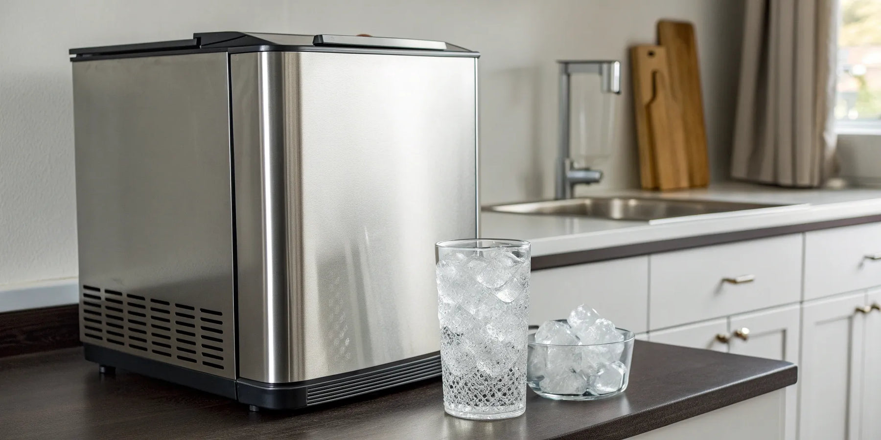 A countertop ice machine with a bowl of ice, a factor in the total price of a commercial ice machine.