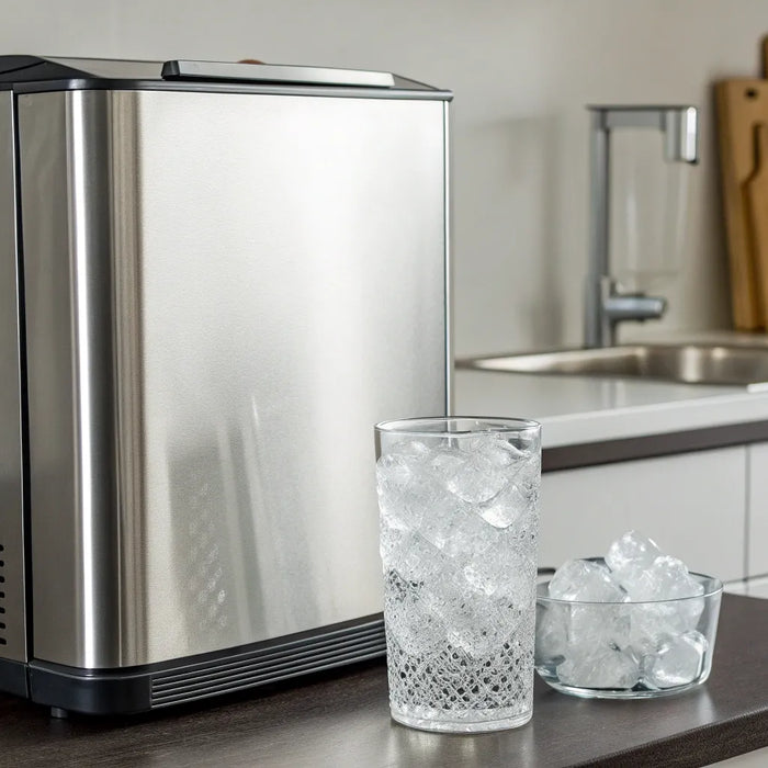 A countertop ice machine with a bowl of ice, a factor in the total price of a commercial ice machine.
