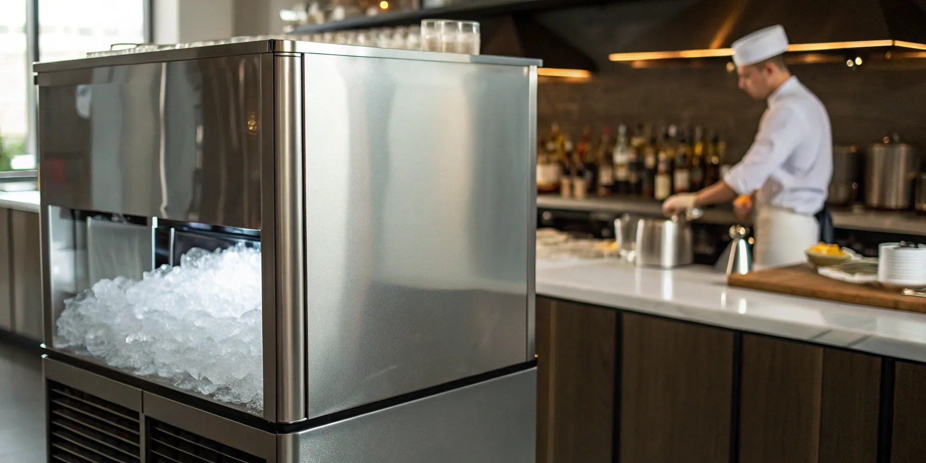 A commercial ice machine in a restaurant kitchen, an important factor in the price of an ice machine.