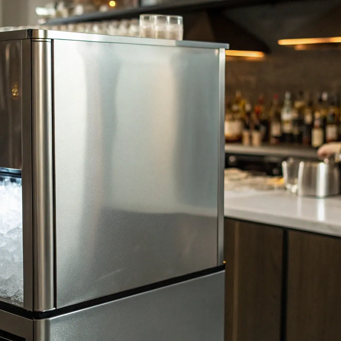A commercial ice machine in a restaurant kitchen, an important factor in the price of an ice machine.