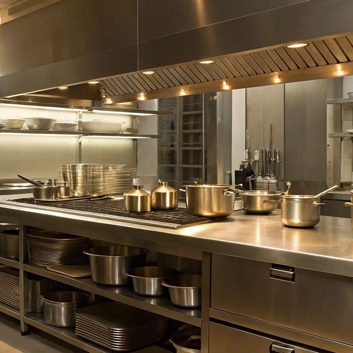 A professional kitchen with stainless steel equipment from a commercial kitchen store.