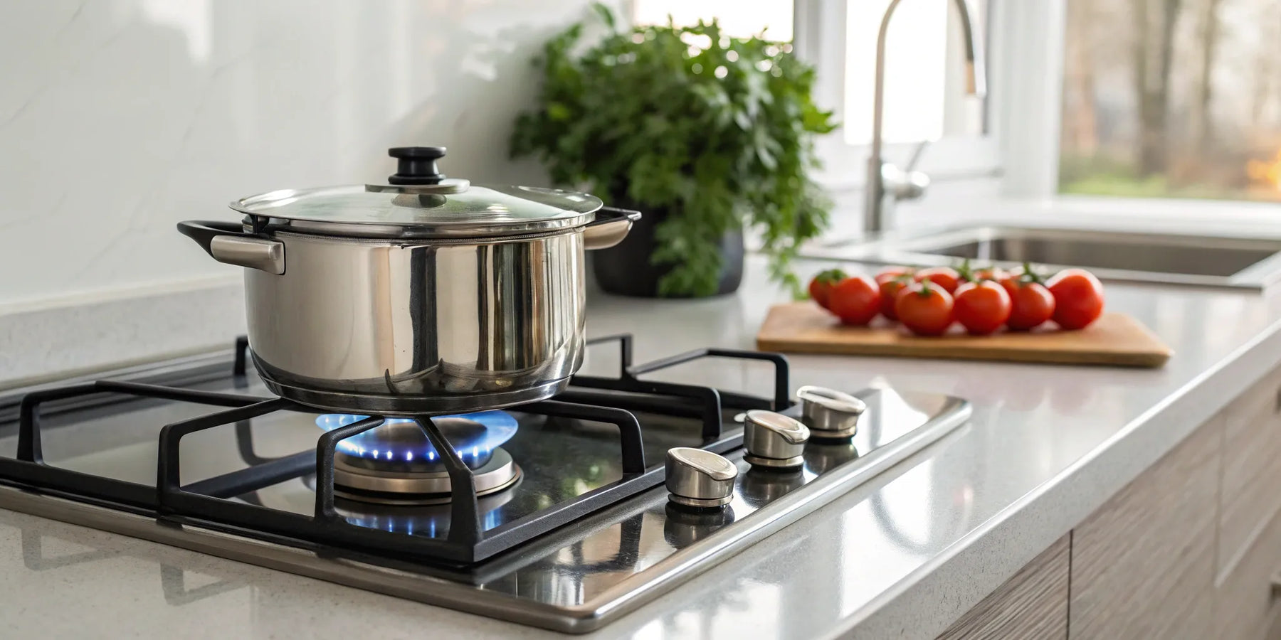 Propane stove cooking with blue flame in kitchen.