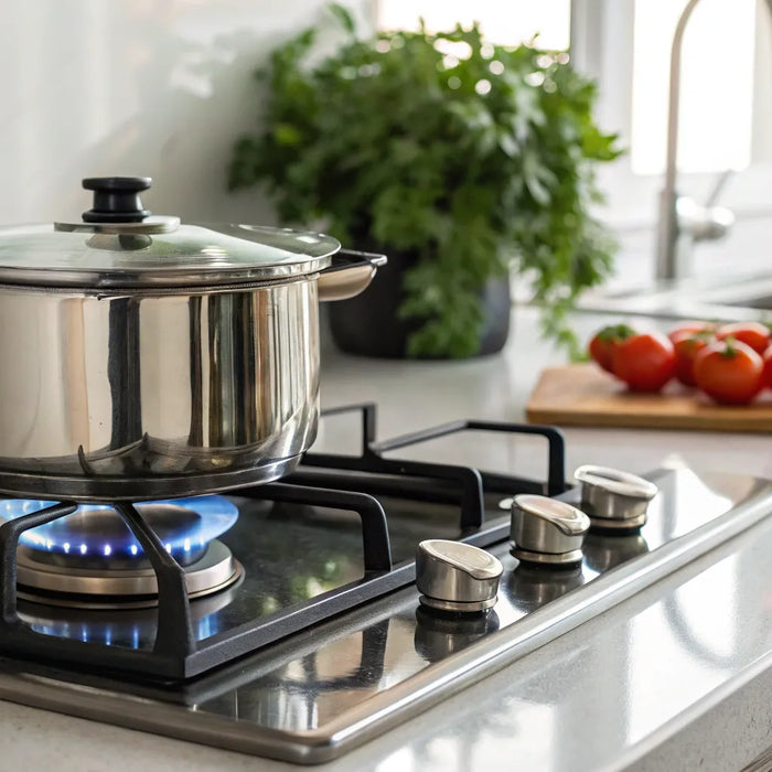 Propane stove cooking with blue flame in kitchen.