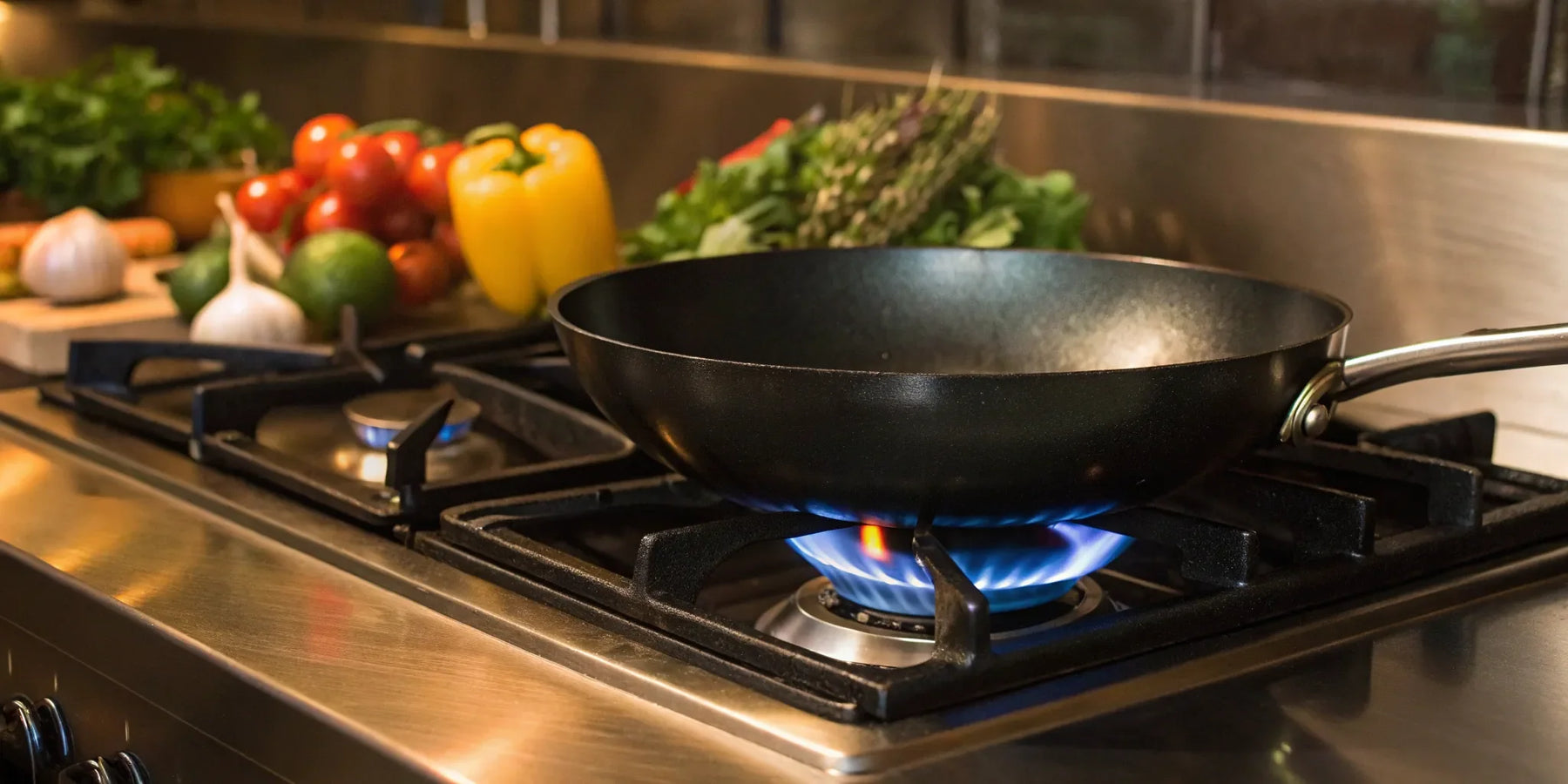 Propane stovetop with blue flame.