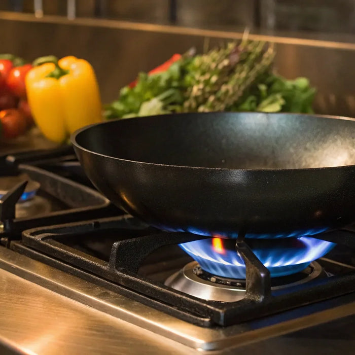 Propane stovetop with blue flame.