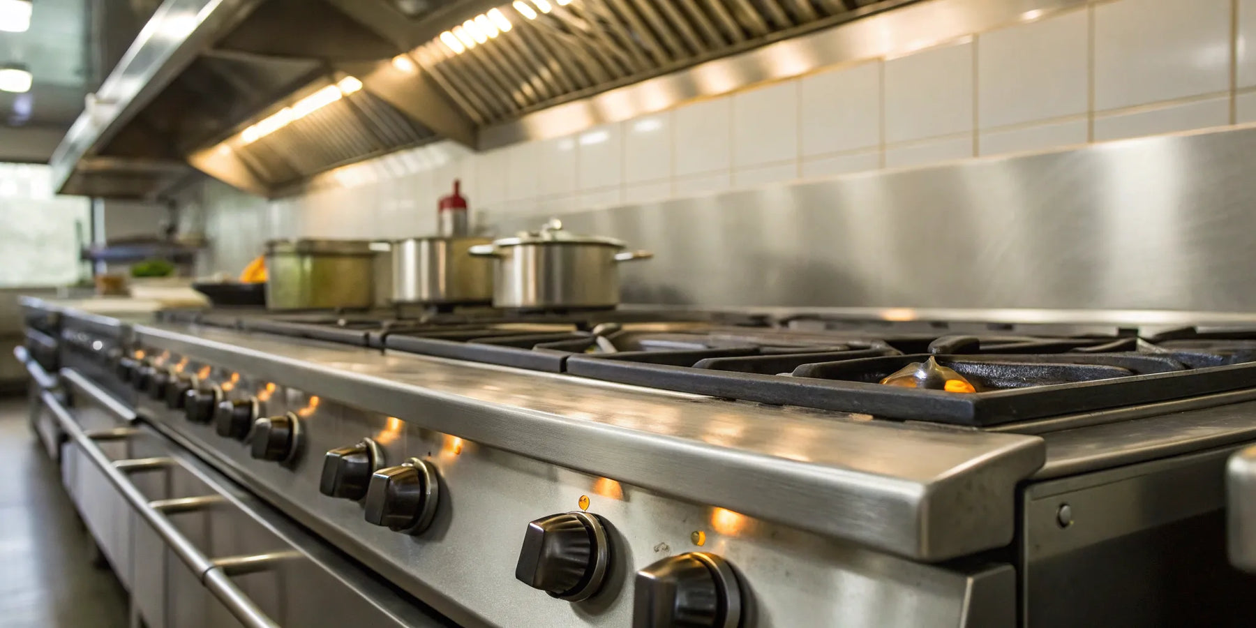 Propane cookstove with multiple burners in a kitchen.