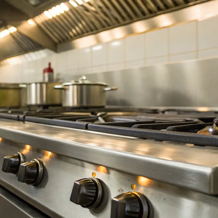 Propane cookstove with multiple burners in a kitchen.