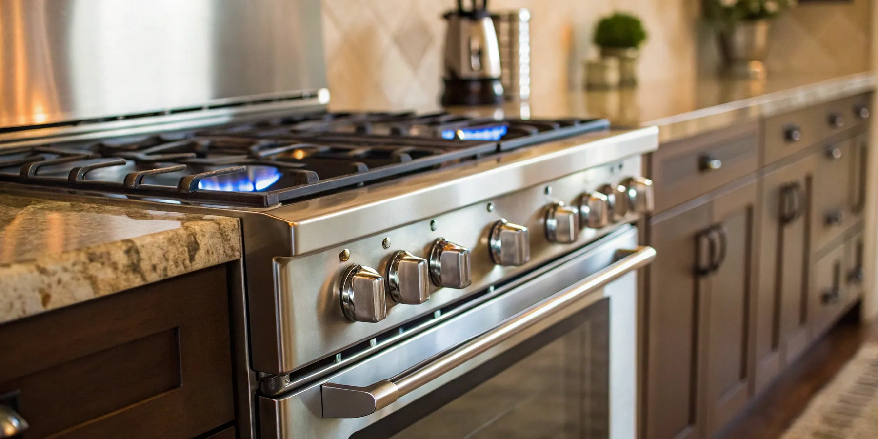 Propane gas stove with blue flames.