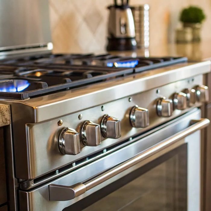 Propane gas stove with blue flames.