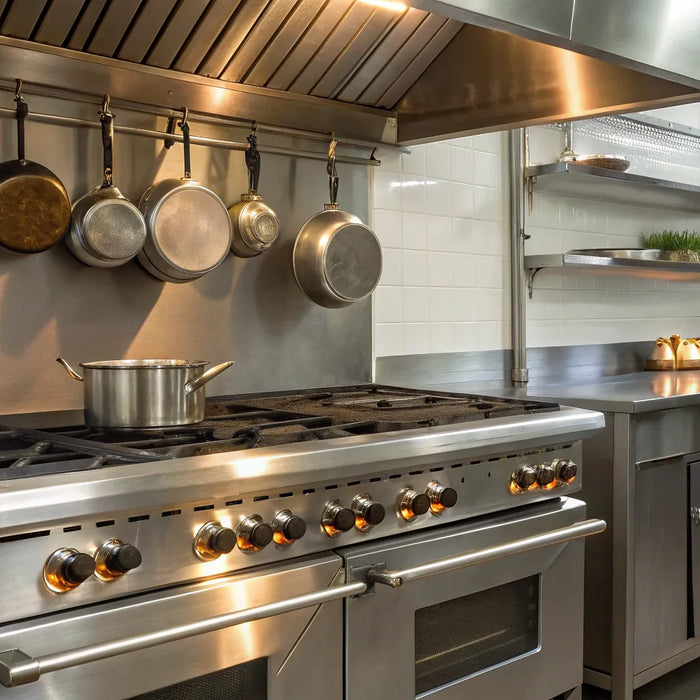 A commercial propane oven and stove unit made of stainless steel.