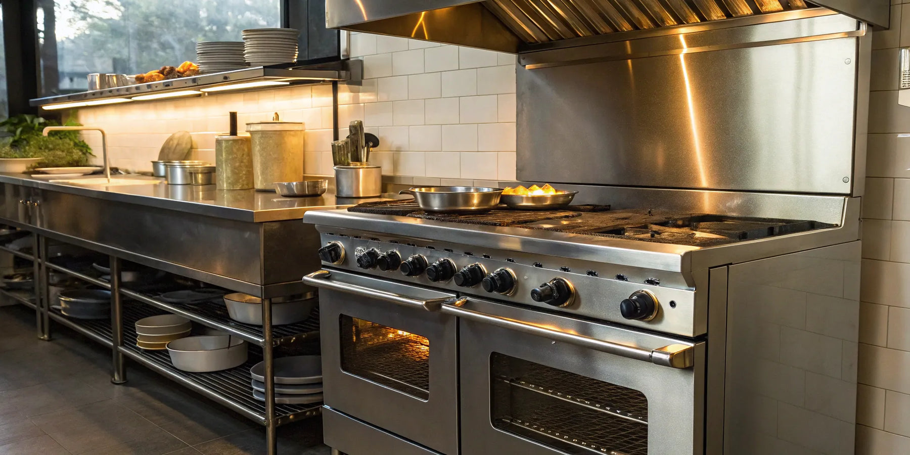 Stainless steel propane oven in a commercial kitchen.