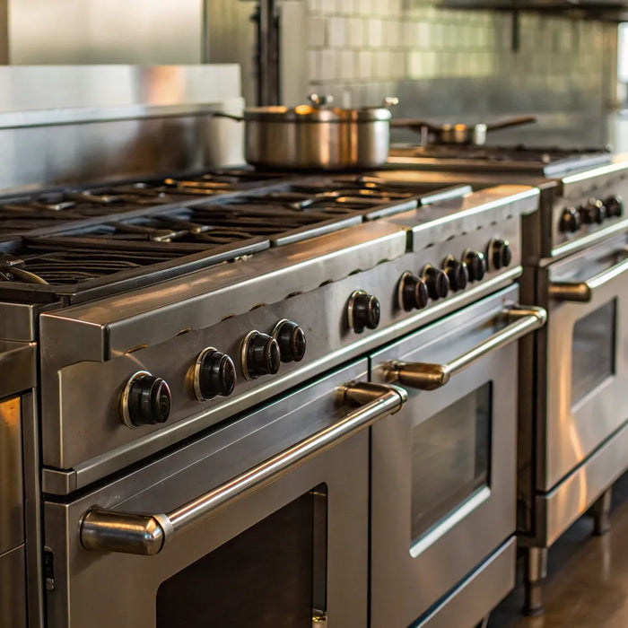 A stainless steel commercial propane stove and oven in a restaurant kitchen.