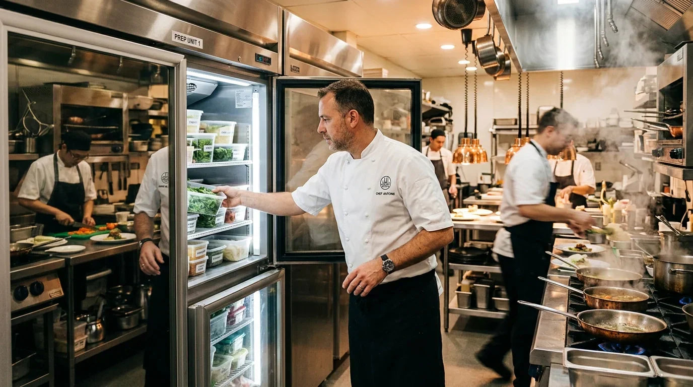 Stainless steel True freezer with organized shelves in a professional restaurant kitchen.