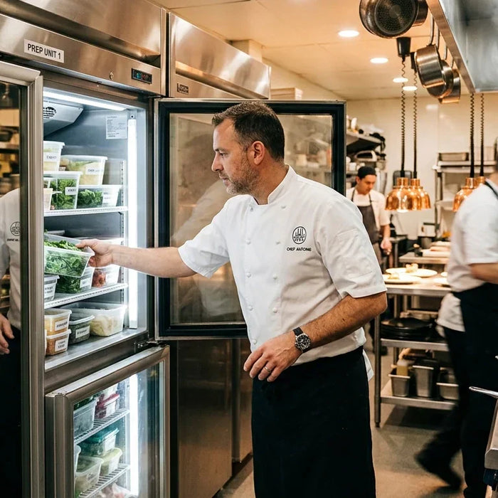 Stainless steel True freezer with organized shelves in a professional restaurant kitchen.