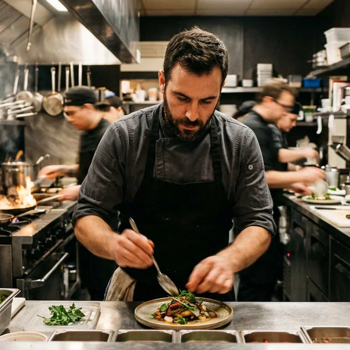 Professional chef working in a high-energy commercial kitchen