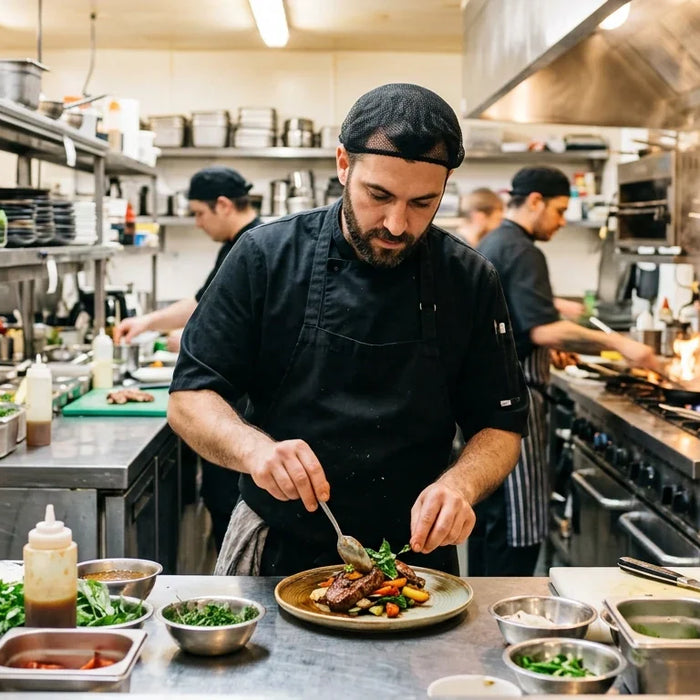 "Professional chef working in a high-energy commercial kitchen