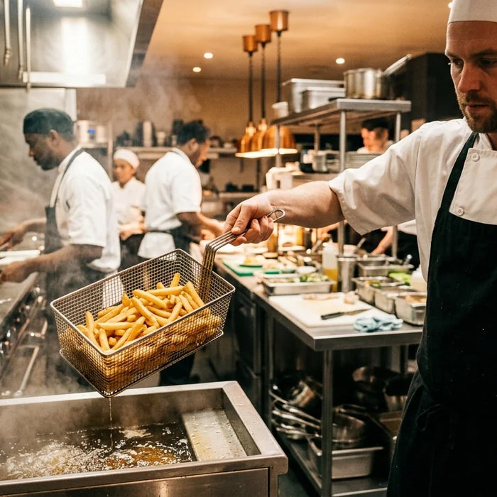Busy commercial bar kitchen with chef lifting fryer basket