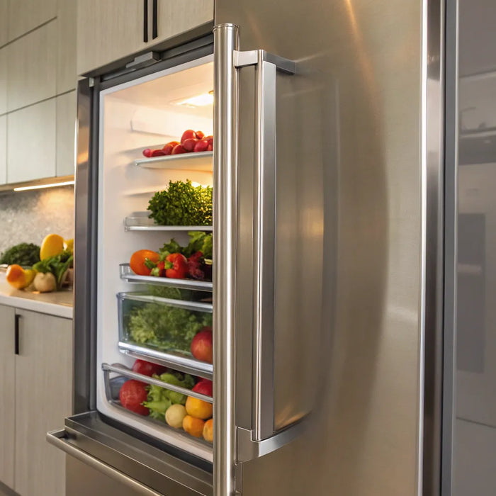 A stainless steel reach in freezer with its door open inside a commercial kitchen.