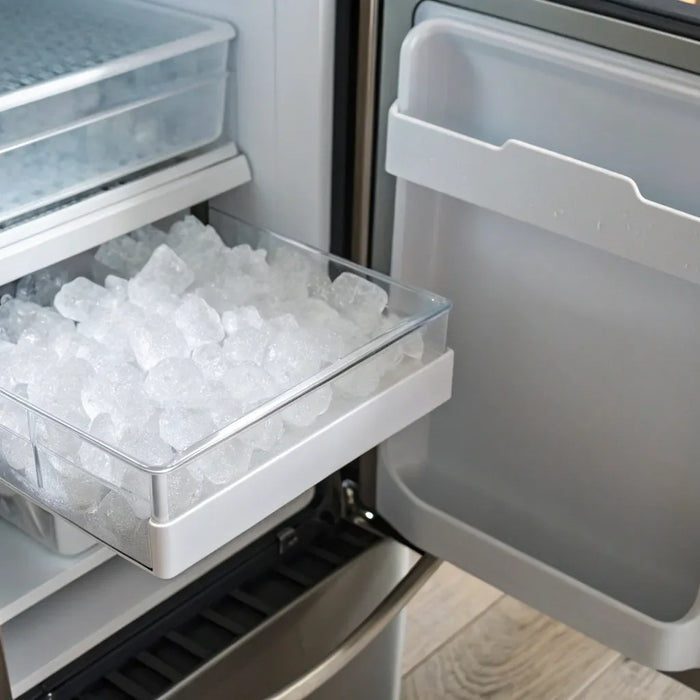 Ice cubes in a freezer drawer.