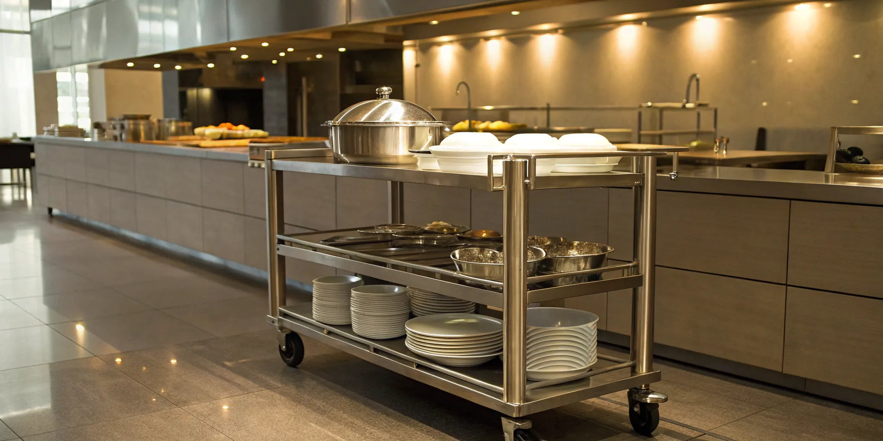 A three-tiered stainless steel restaurant cart with clean dishes.