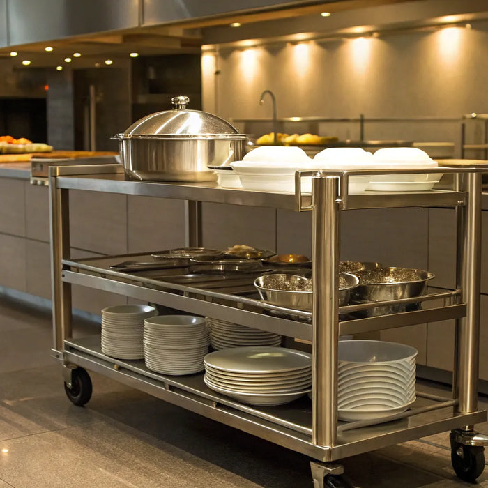 A three-tiered stainless steel restaurant cart with clean dishes.