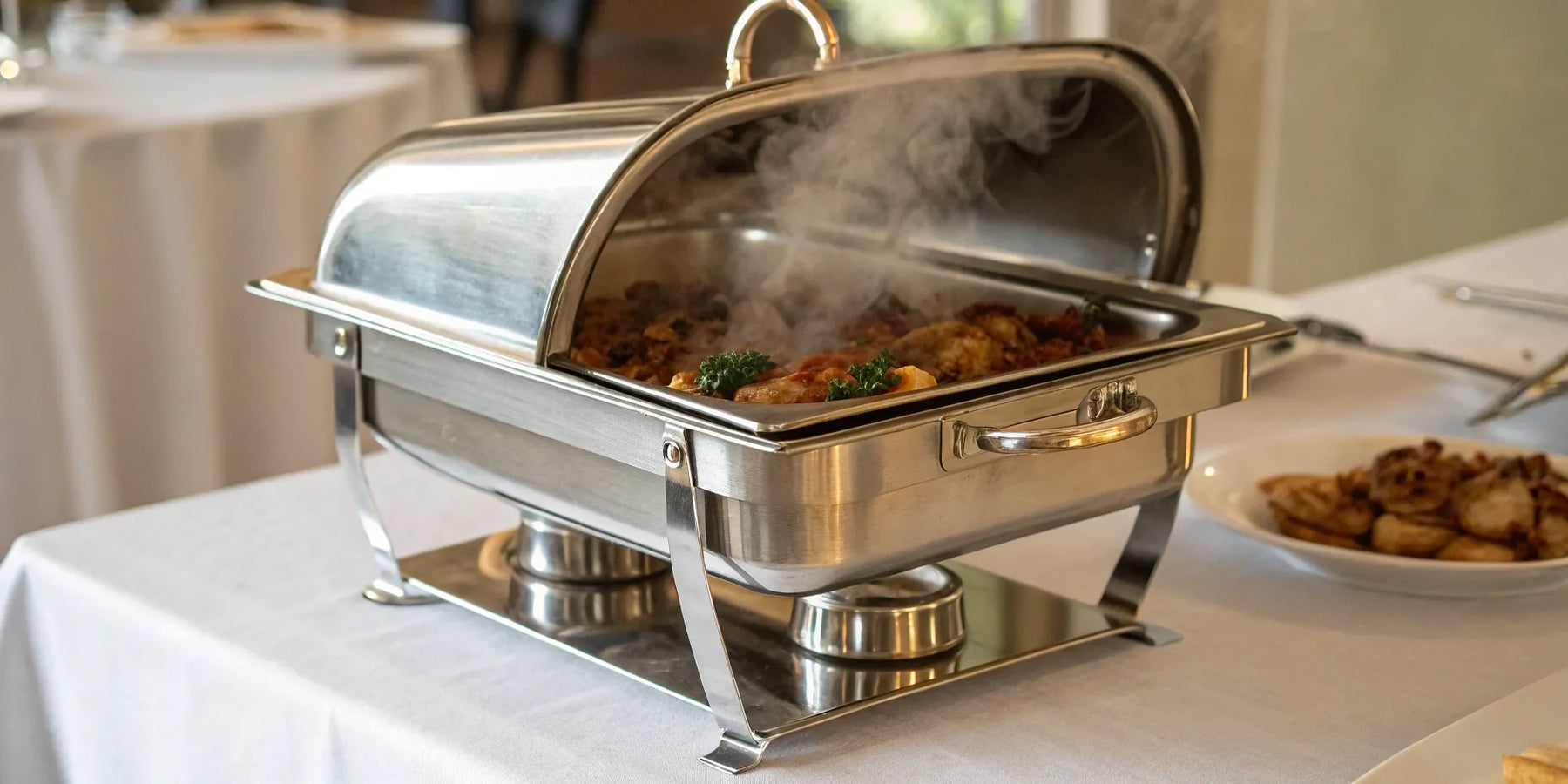 Rectangular chafer with roll-top lid.