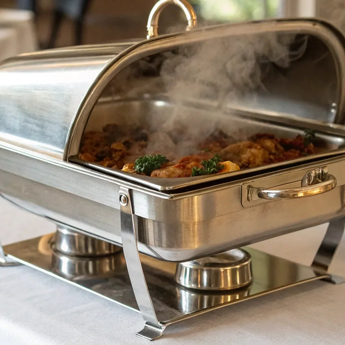 Rectangular chafer with roll-top lid.