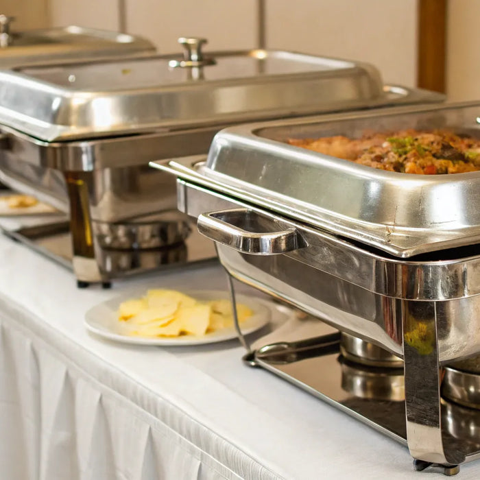 Restaurant chafing dishes maintain ideal food temperatures for buffets.