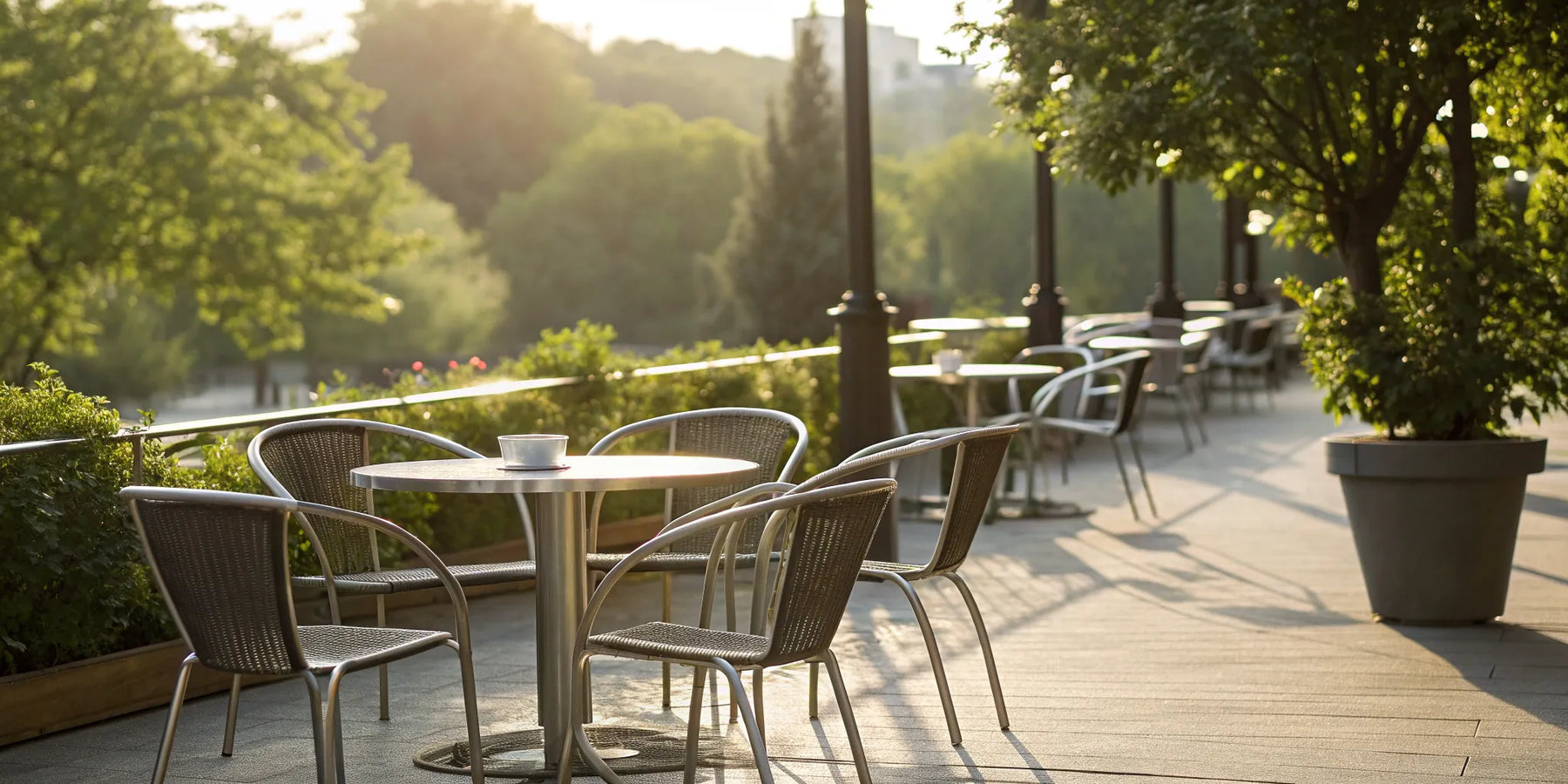 Outdoor restaurant chairs and tables on a sunny patio surrounded by greenery.