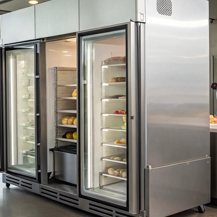 Organized frozen ingredients in an open stainless steel deep freezer.